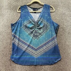 VTG Y2k Venezia Tank Top Blouse Women 22/24 Blue V Neck Floral Grunge Boho Beach